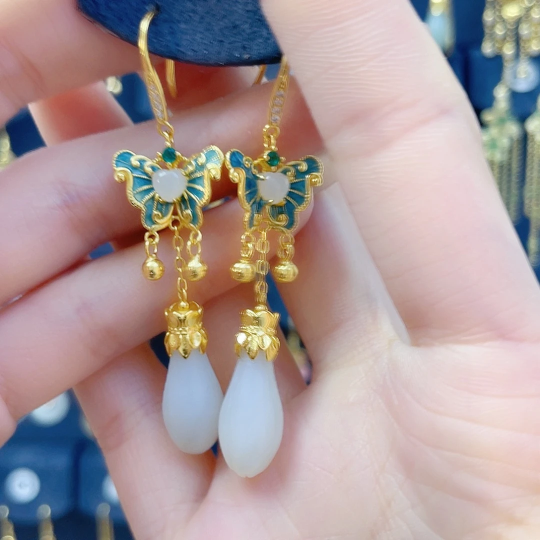 和田玉银S925镀金镶嵌耳饰