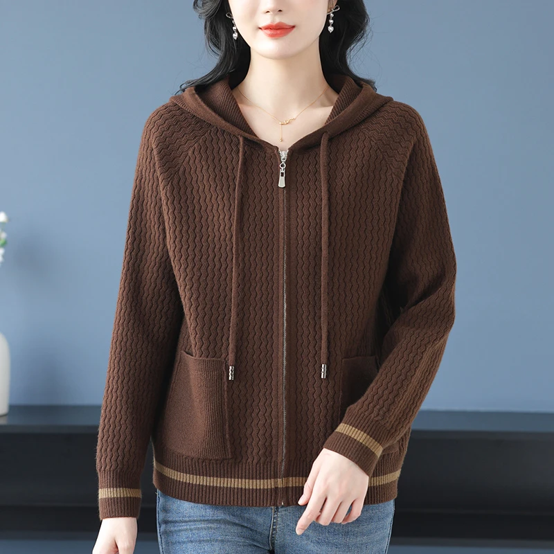宽松休闲连帽毛衣外套春季洋气拉链上衣2025新款大码女装胖mm开衫
