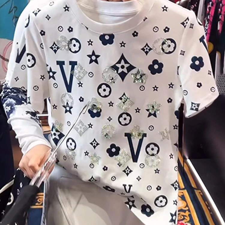 3074重工烫钻设计短袖T恤2025夏季新款休闲百搭字母印花圆领上衣