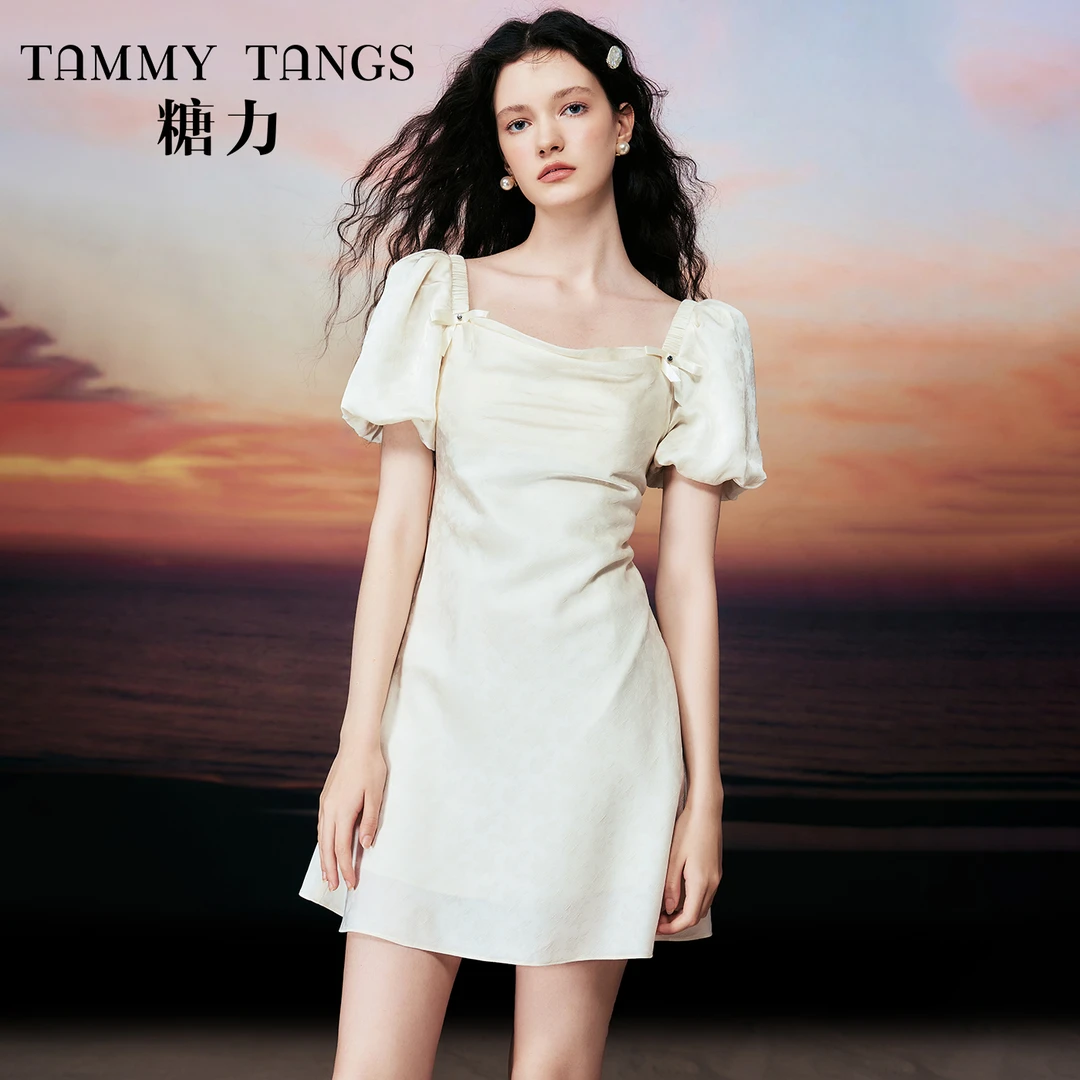 糖力 短袖连衣裙提花缎面收腰显瘦裙子