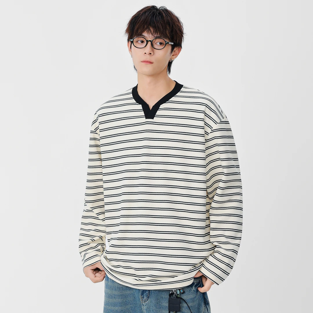 条纹长袖t恤T恤男士休闲小衫美式潮牌圆领卫衣上衣秋季内搭打底衫