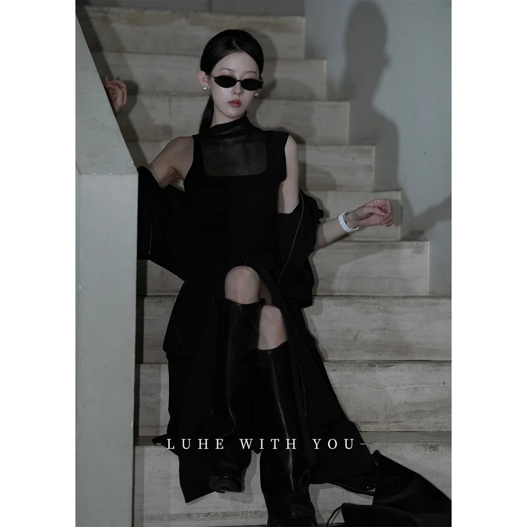 LUHE【默片】hehe私服~设计感柔光纱无袖上衣+半裙