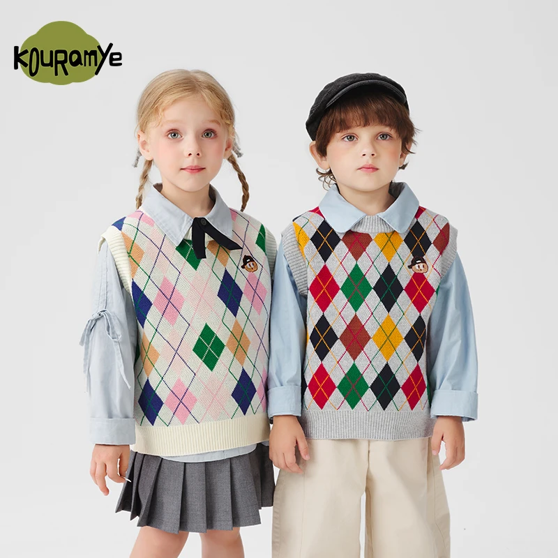 酷娃米2025秋季新款儿童毛衣中小男女童学院风菱格圆领背心1478