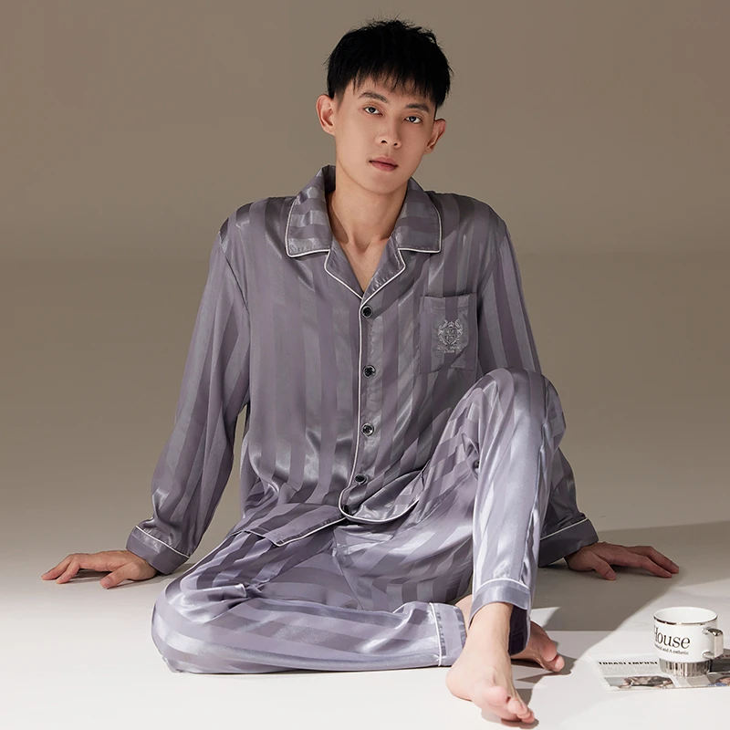 冰丝男士睡衣春秋季2025新款高档仿真丝绸长袖夏天薄款家居服套装
