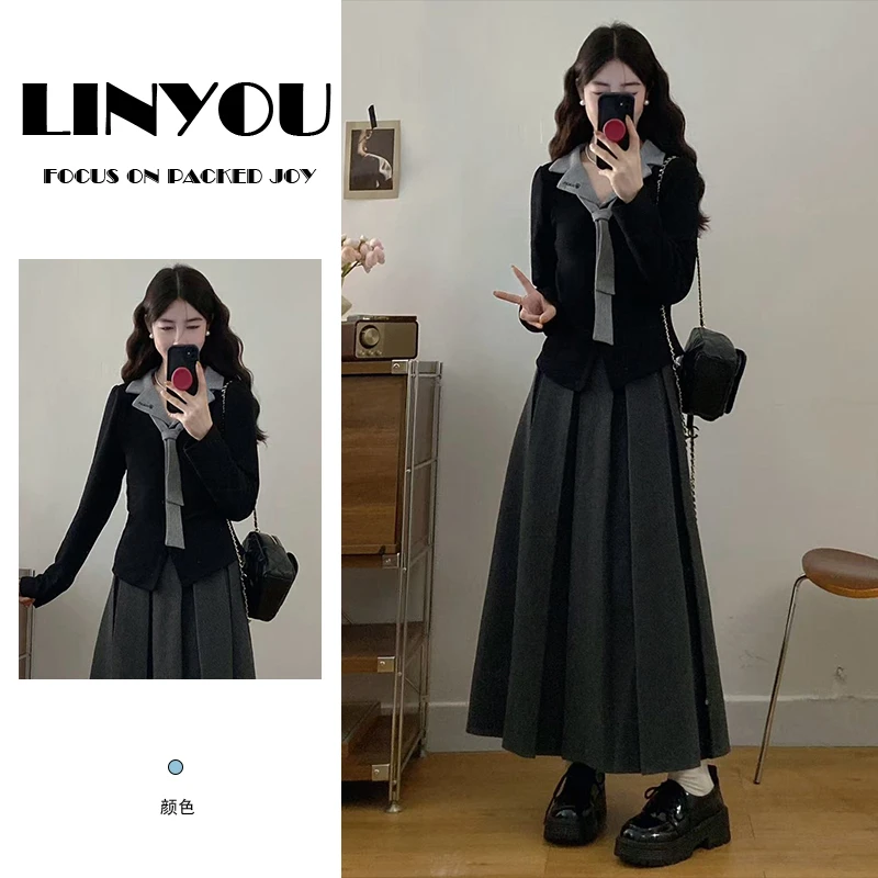 假两件刺绣长袖上衣百褶半身裙两件套女2025秋季新款时尚爆款套装