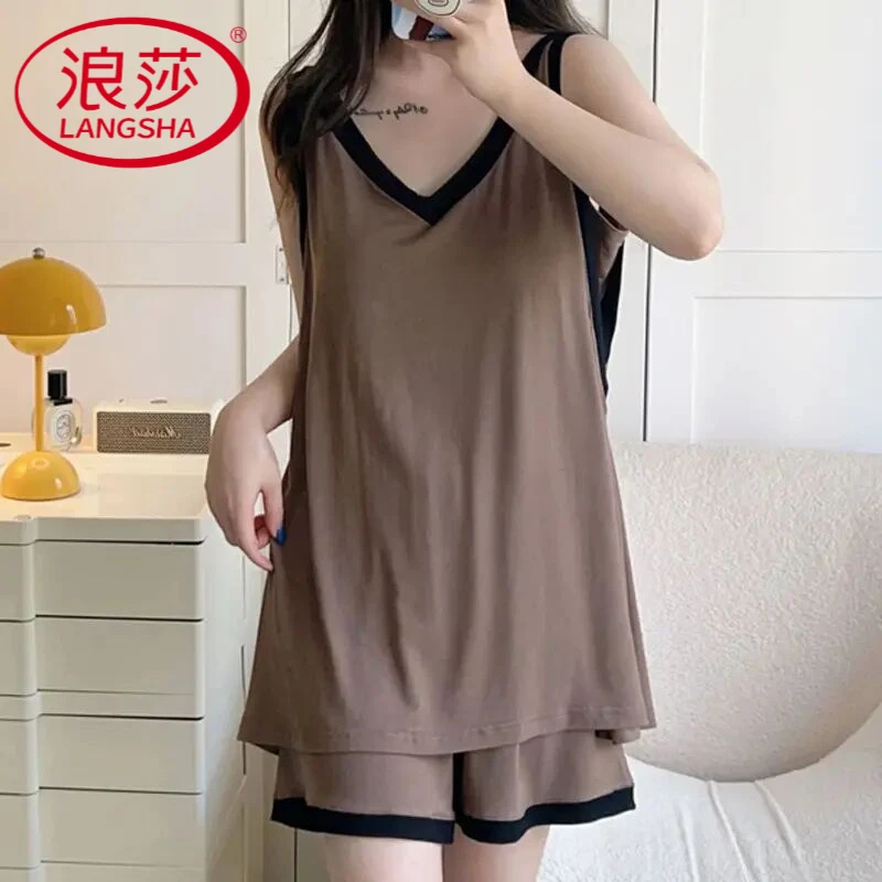 浪莎夏季睡衣女士带胸垫无袖背心短裤甜美显瘦少女外穿家居服套装