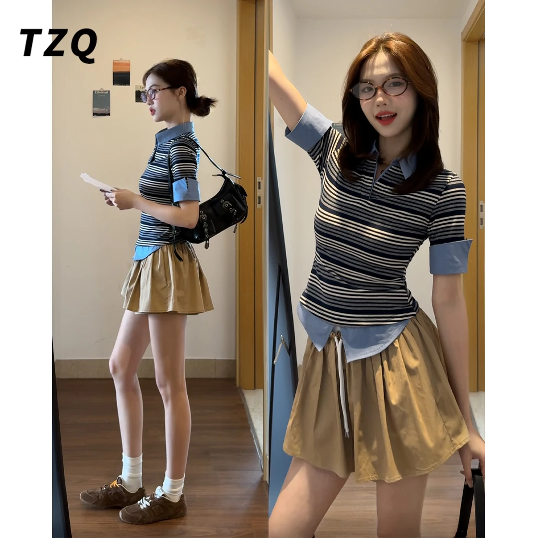 韩系风条纹时尚套装短袖T恤女夏拼接假两件裙裤两件套TZQ2560315