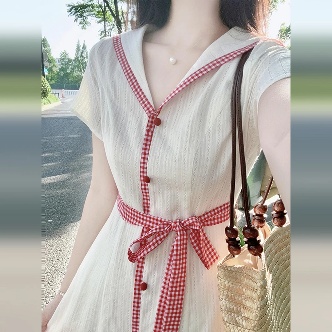 夏季新款白色c领衬衫连衣裙法式学院风收腰显瘦长裙穿搭3790
