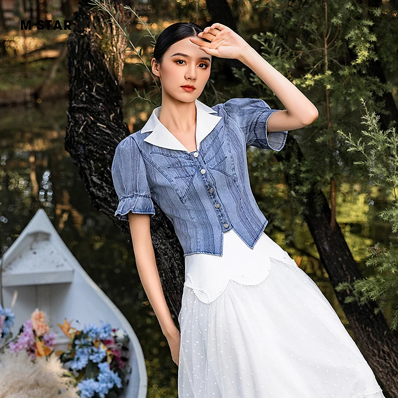 M-star夏季新款复古气质泡泡袖牛仔小衫上衣女时尚百搭SFBS123853