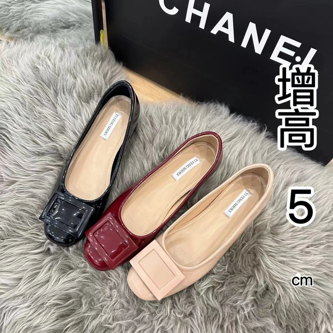 经典方扣增高5公分软漆皮气质浅口女鞋一脚蹬圆头法式纯欲通勤鞋