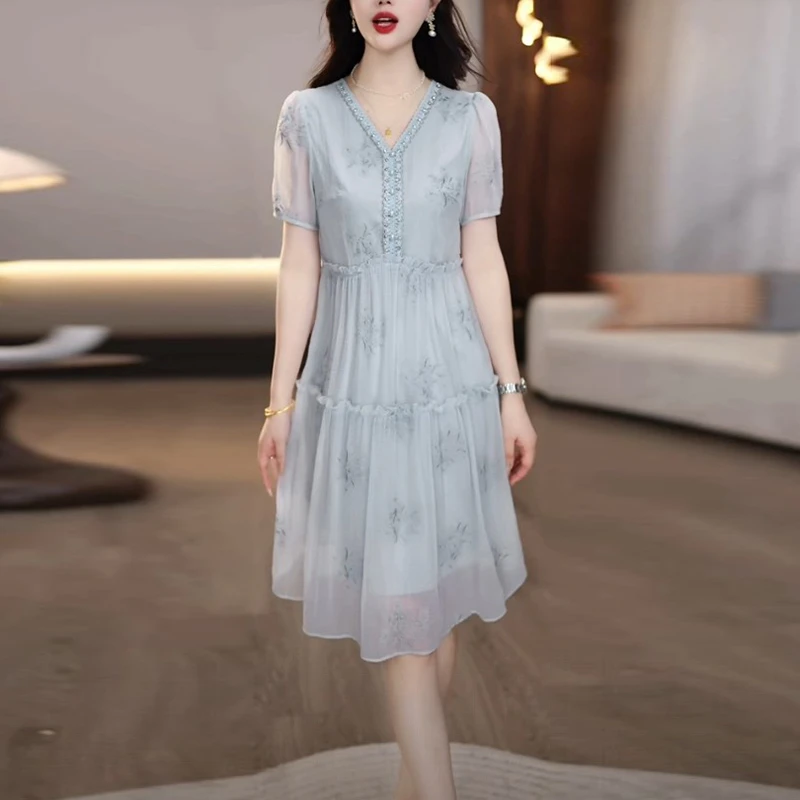 双丝皱洋气减龄衣服女2025夏季新款时尚优雅知性气质宽松连衣裙子