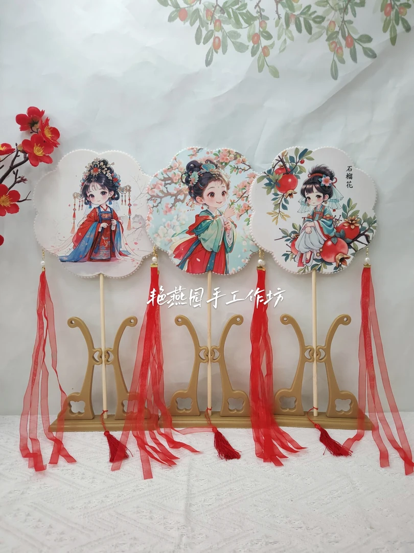 儿童印花团扇旅游摆摊批发洛丽塔美女扇子演出舞蹈拍照道具圆扇子