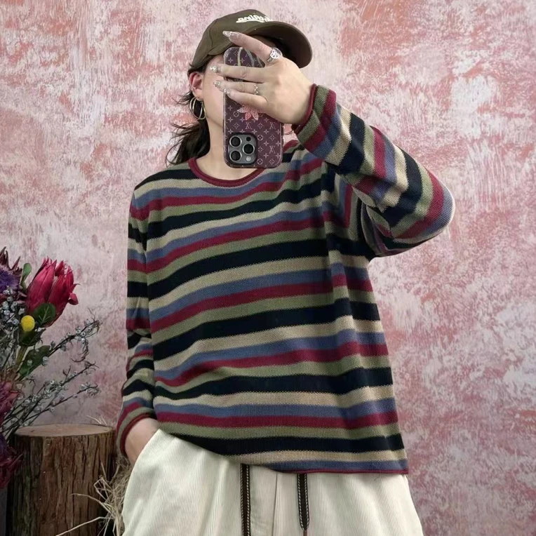 休闲女百搭条纹慵懒风毛针织衫秋季秋冬长袖圆领针织