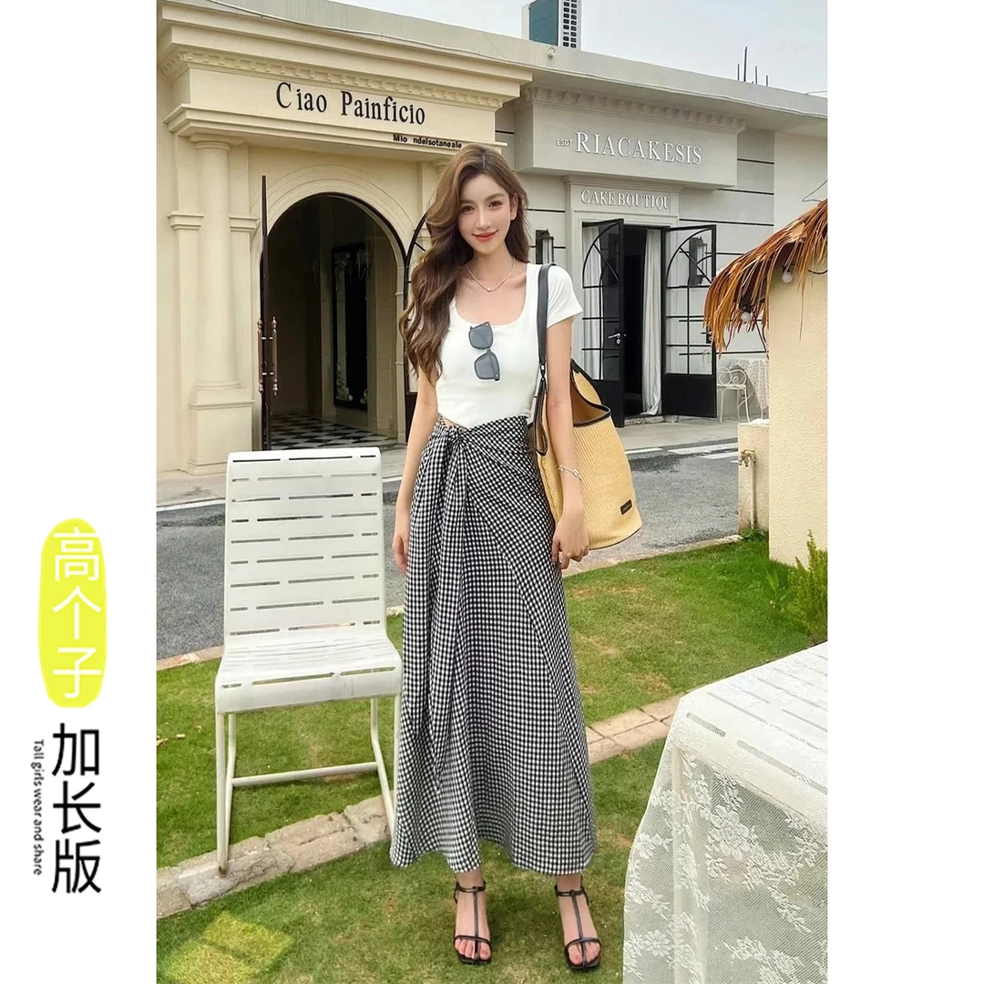175加长高个子格子系带半身裙女夏季复古慵懒风百搭垂感长裙2457