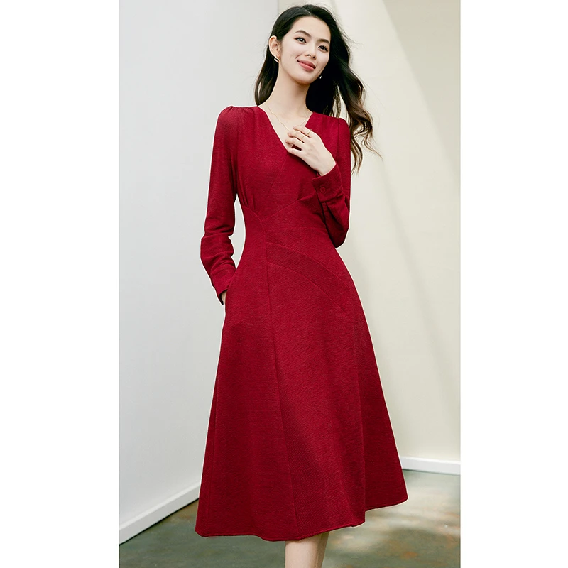 【断码清仓】礼服红裙V领长袖A摆连衣裙24060683