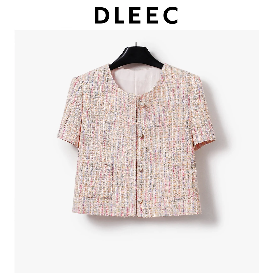 DLEEC 夏季时尚气质幻彩编织小香风外套百搭减龄圆领短袖上衣