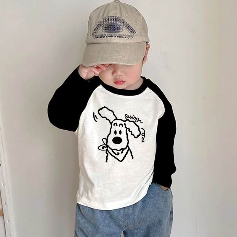 儿童打底衫纯棉春秋季新款男女童撞色卡通印花中小童长袖T恤上衣