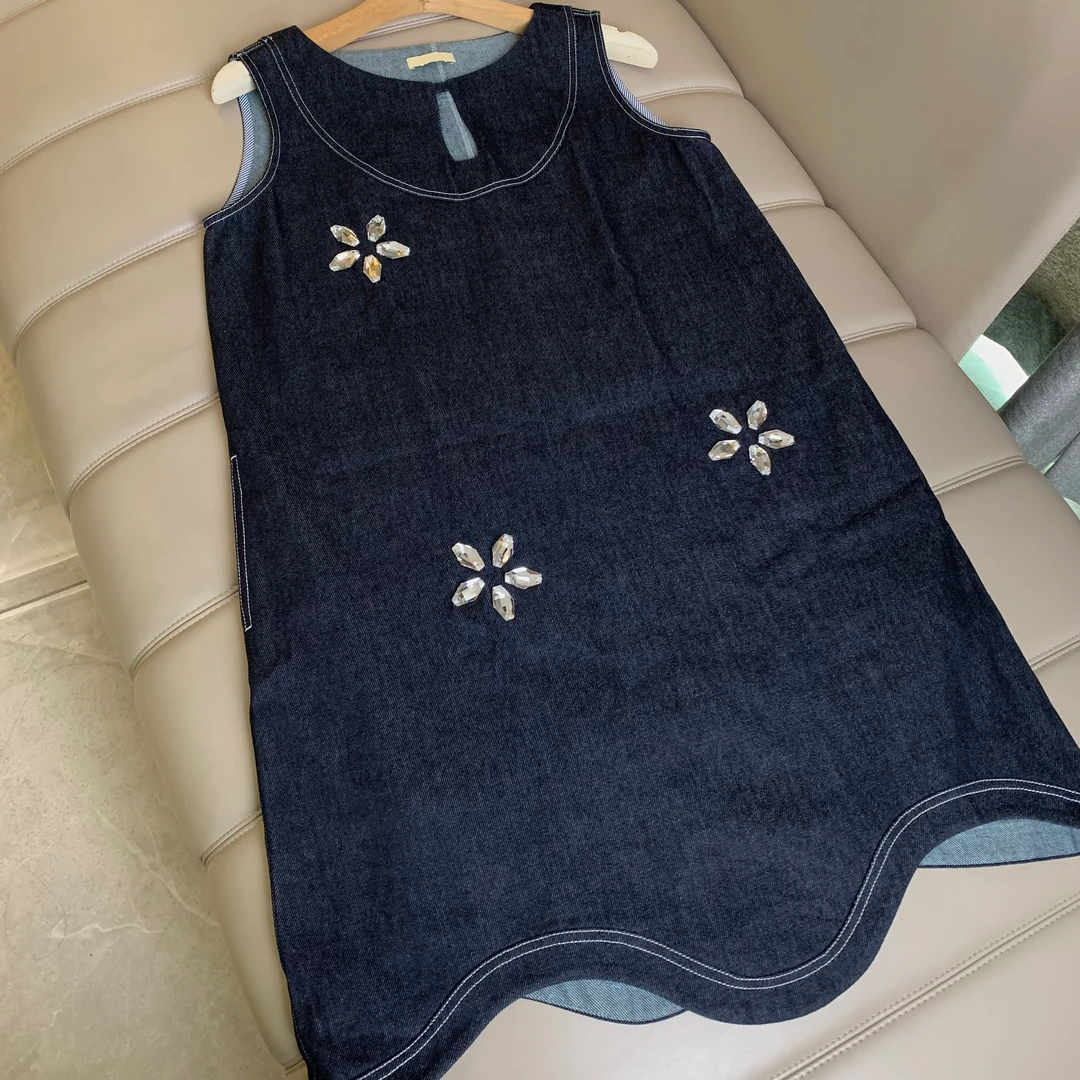 【左萌】复古丹宁波浪边钻石花朵牛仔裙