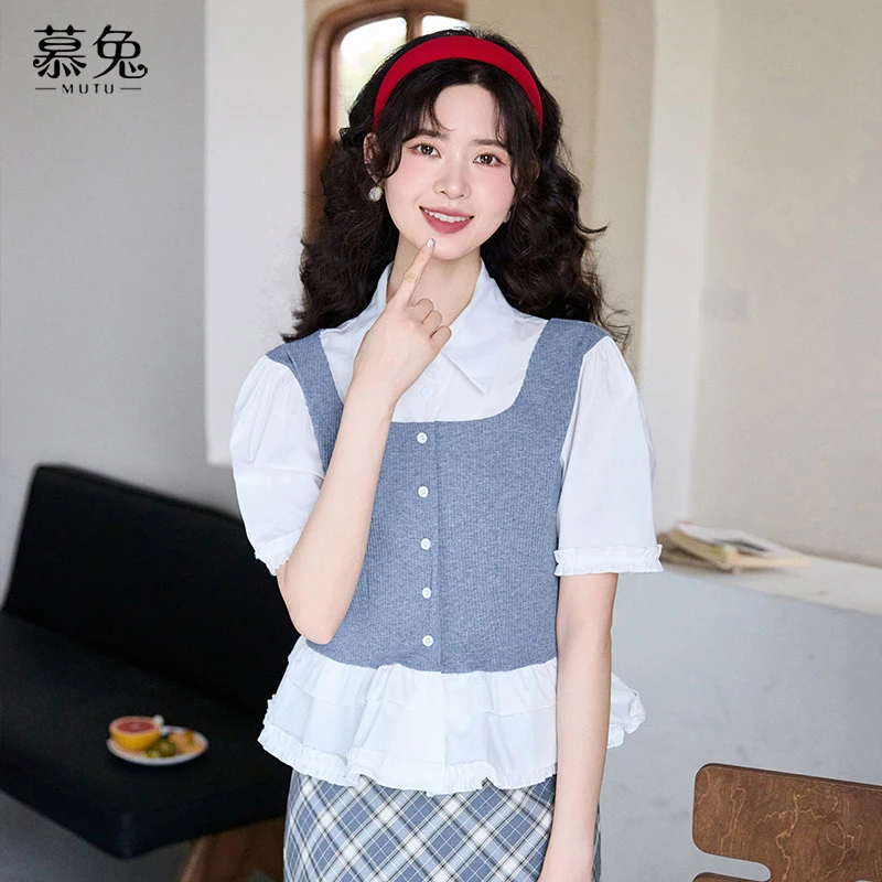 慕兔小个子拼接假两件短袖衬衫女2025夏季新款别致设计感小众上衣