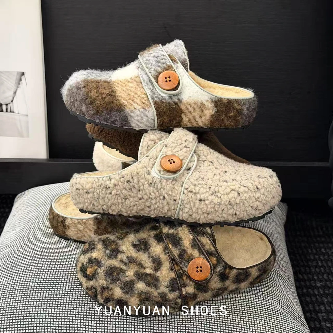秋冬外穿包头拖鞋女保暖豹纹棉鞋软底百搭斑点灰色勃肯拖鞋毛拖鞋