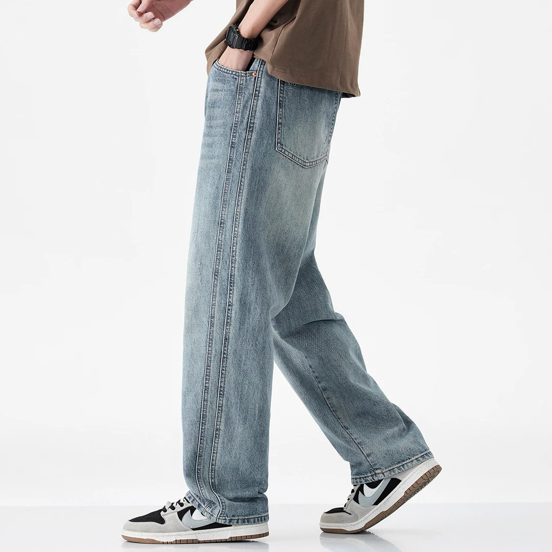 法国Cebrodz抗皱透气直筒牛仔裤男2025复古高街猫须水洗休闲长裤