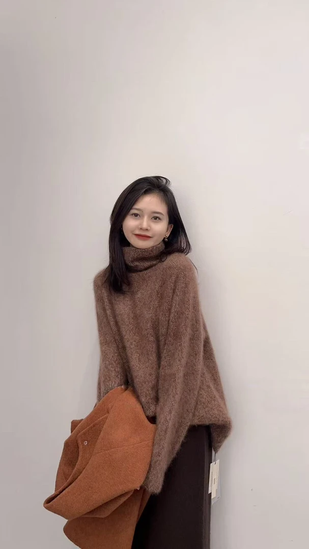 2025秋冬新款韩系极简风针织套头针织衫拉绒高领套头毛衣半身裙