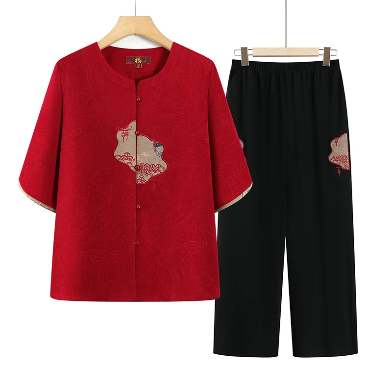 F259妈妈装夏款开衫中袖套装中老年女装洋气上衣松紧腰裤子两件套