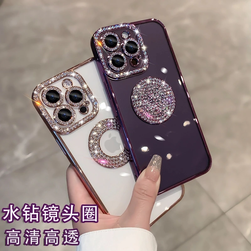 适用于苹果16promax手机壳新款iphone15水钻镜头全包透明防摔14女