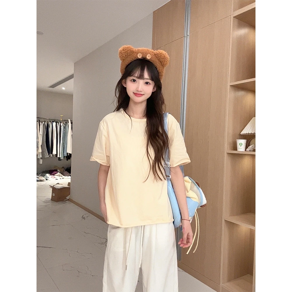 韩系chic卷边宽松减龄上衣女2025春夏季新款短袖T恤纯色棉