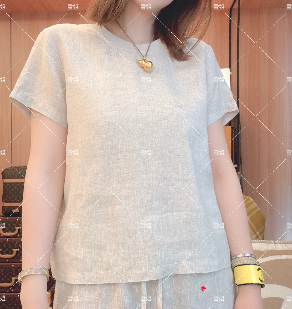 雪姐服饰「原色亚麻T」气质时尚100亚麻圆领T恤显瘦半袖