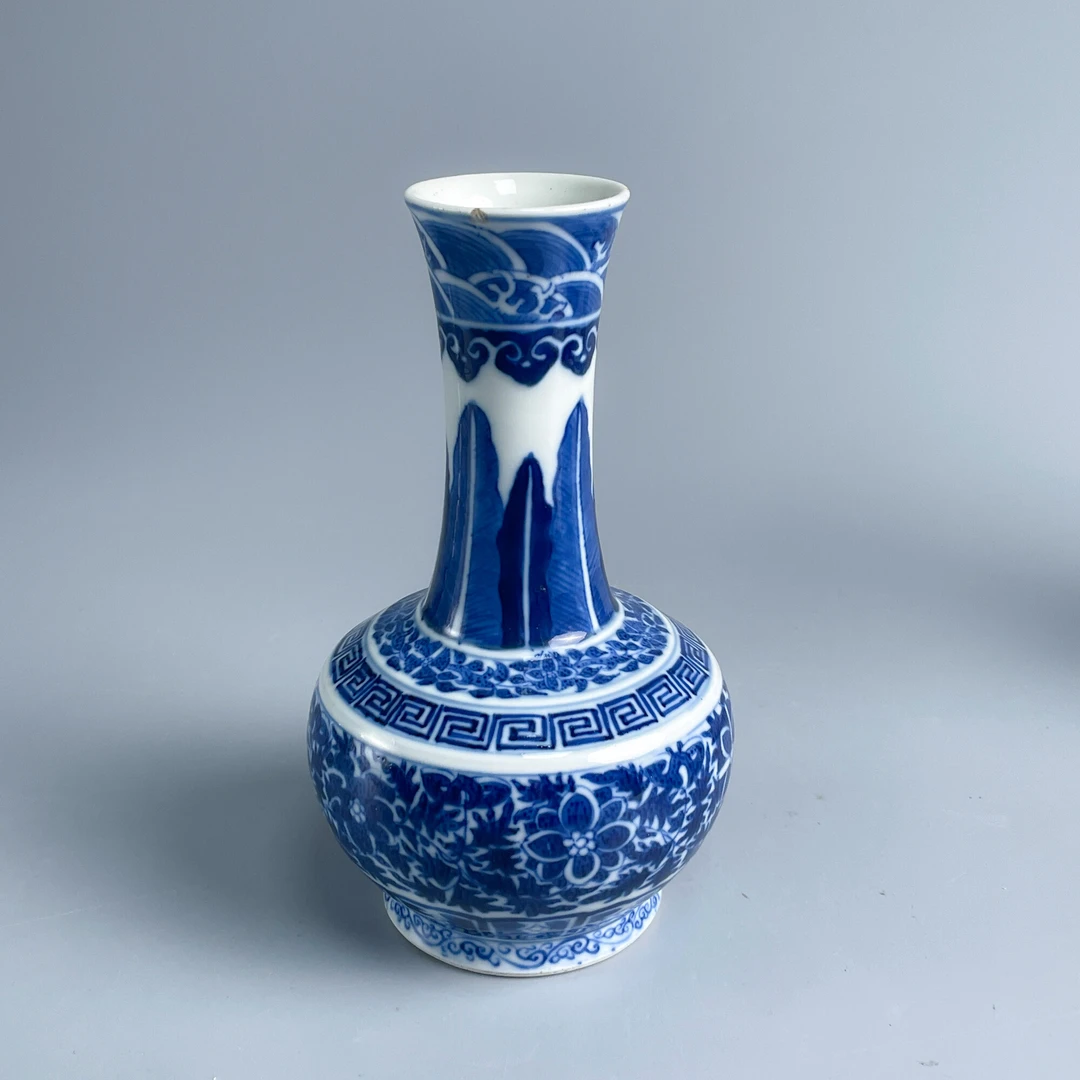 瓷器/古董光绪青花蕉叶花卉纹长颈瓶M25AN002058收藏/文物/绣花张