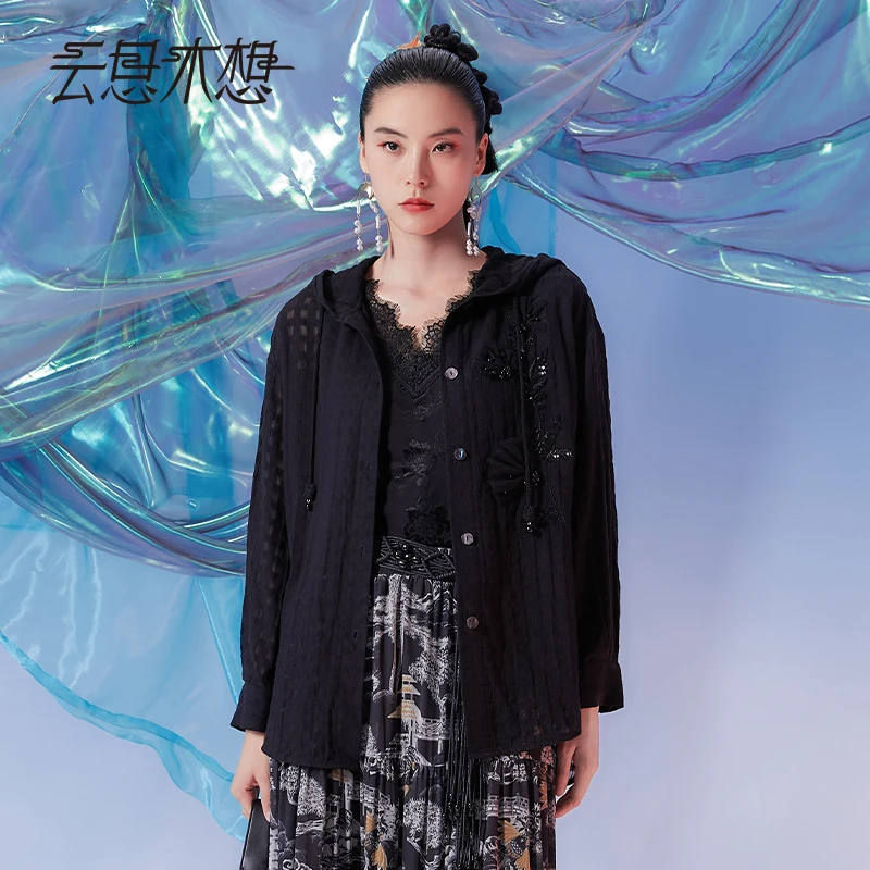 Ysimo-X云思木想摩登国风女装2024秋珠片绣立体钉珠连帽外套12077