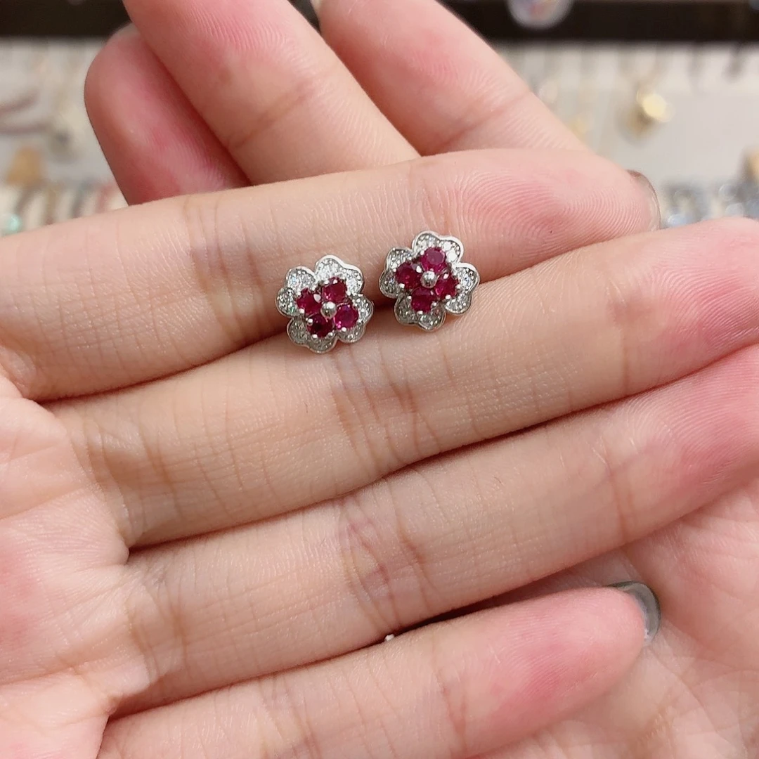 银S925镶嵌耳饰红宝石