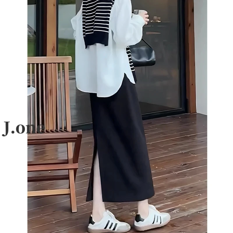 黑色西装半身裙女2025夏季新款百搭大码高腰显瘦中长款开叉a字裙