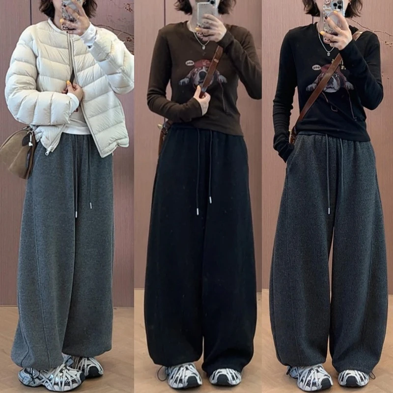 韩系保暖百搭秋冬运动高腰显瘦阔腿裤女宽松束脚加绒加厚休闲裤
