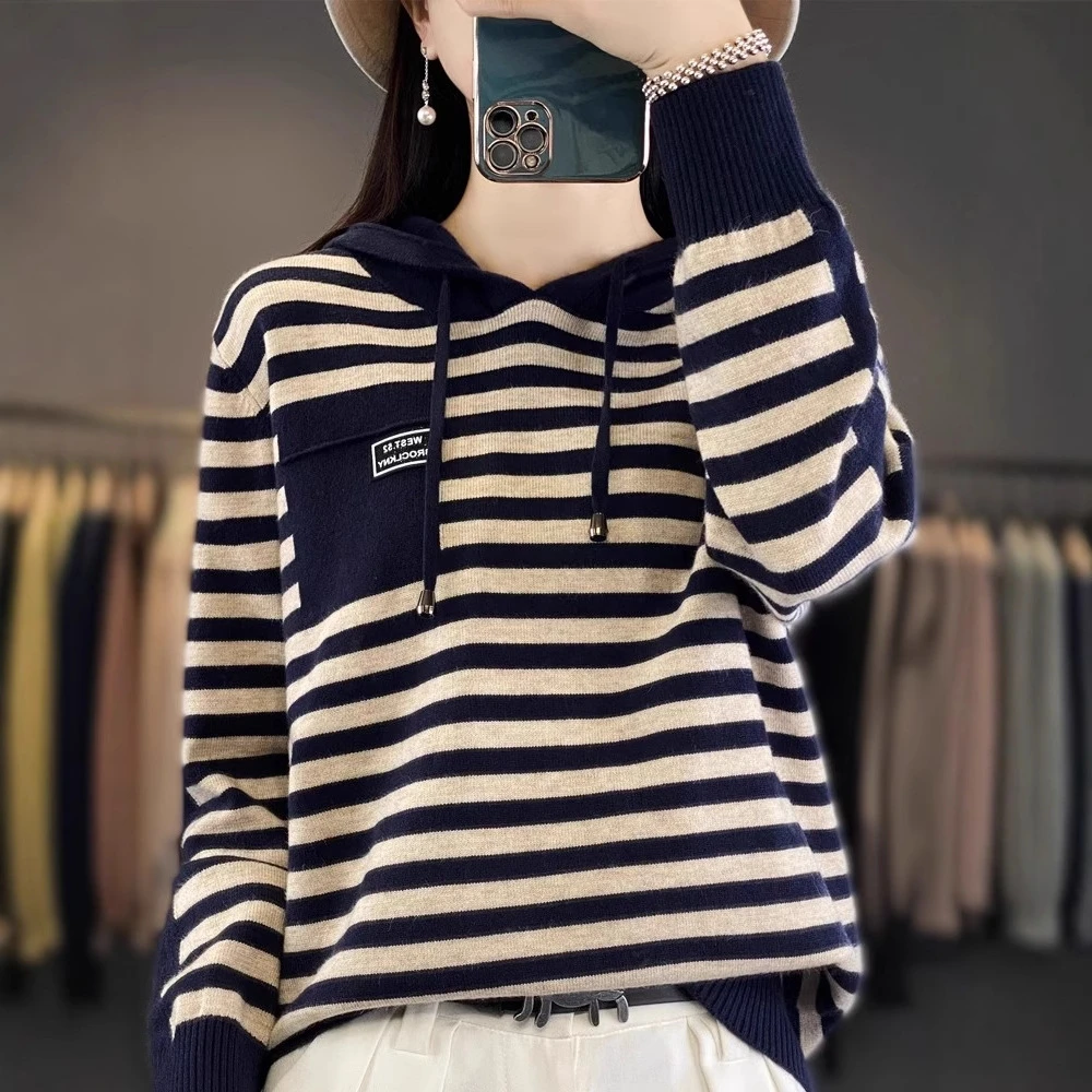 2025爆款条纹针织衫时尚大码洋气连帽打底衫毛衣女慵懒风112