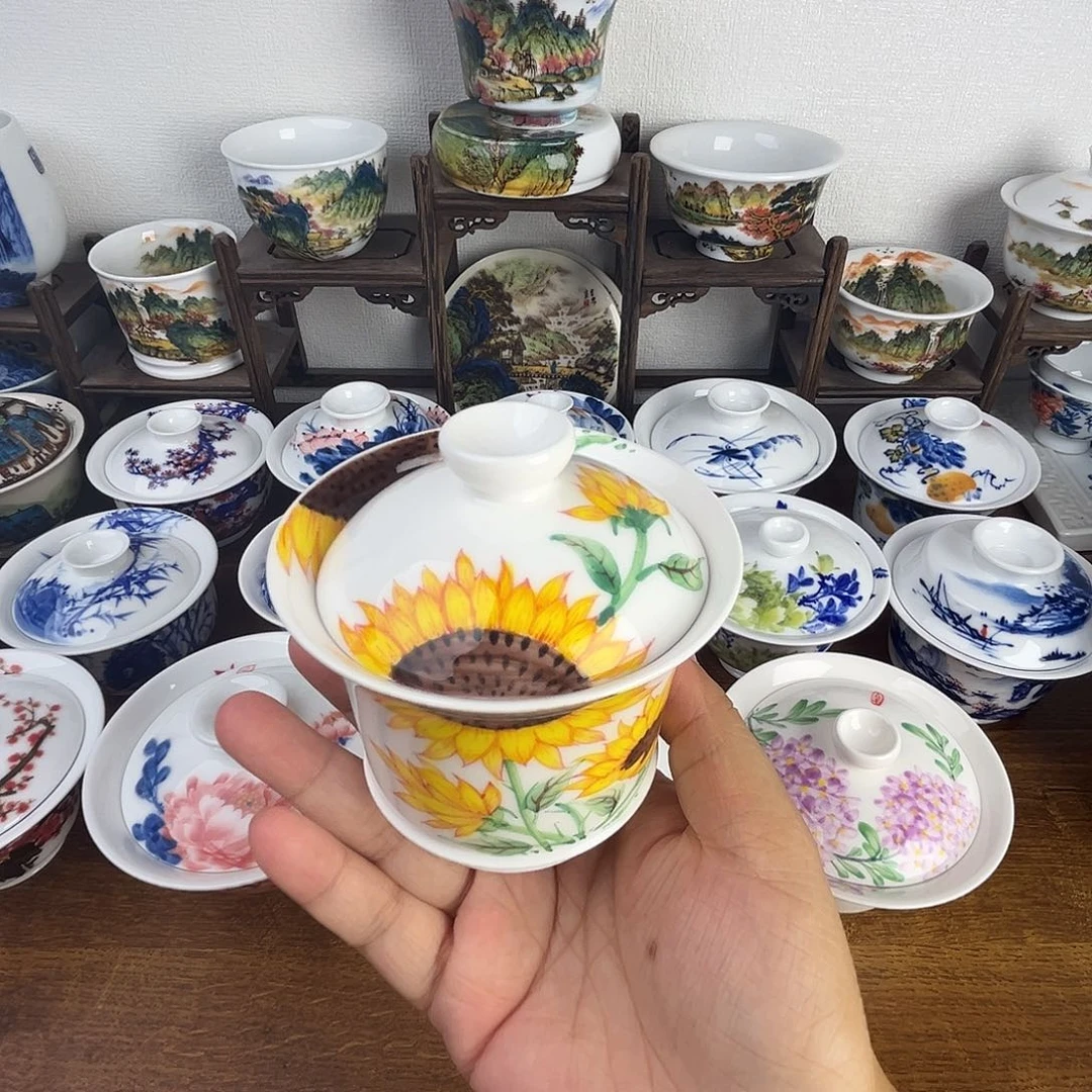 忠意堂釉下彩向日葵盖碗