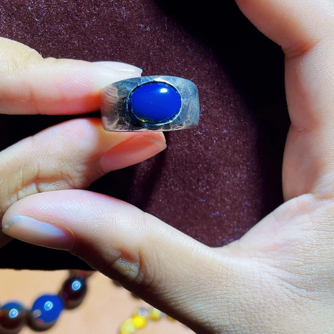 蓝珀裸石银S925镶嵌小**哥多米尼加净水皇家蓝戒指