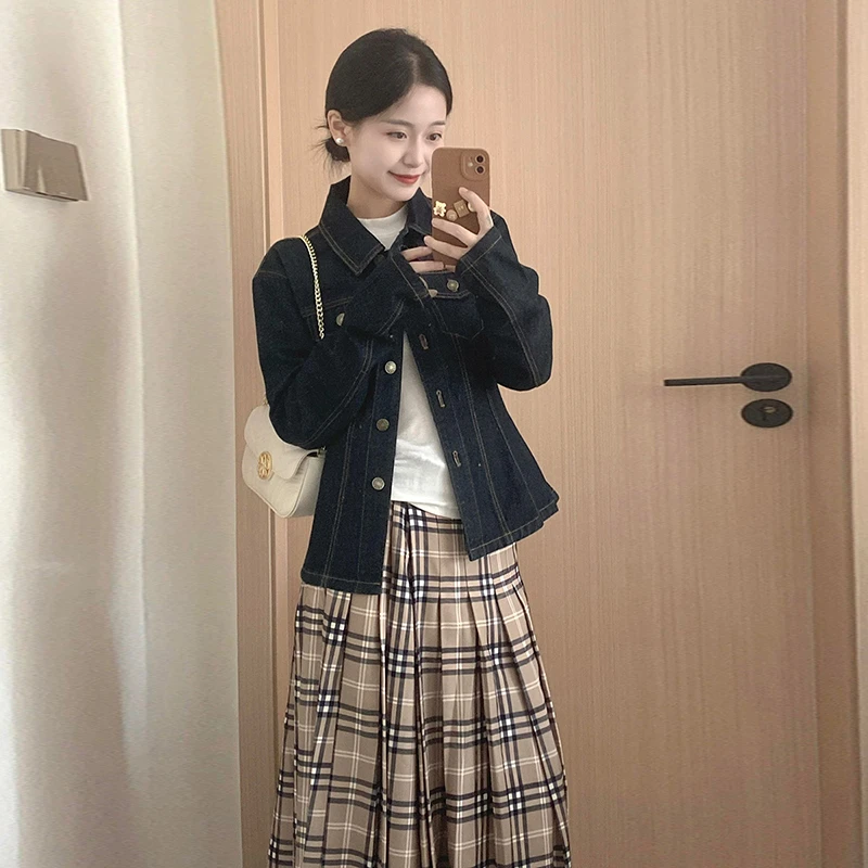 韩式深蓝色牛仔外套女春秋翻领单排扣复古高级减龄日常百搭上衣潮