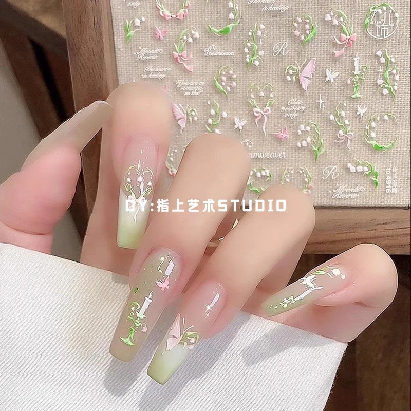 2025年新款美甲贴纸春日绿色铃兰花立体浮雕贴纸小清新指甲贴配饰