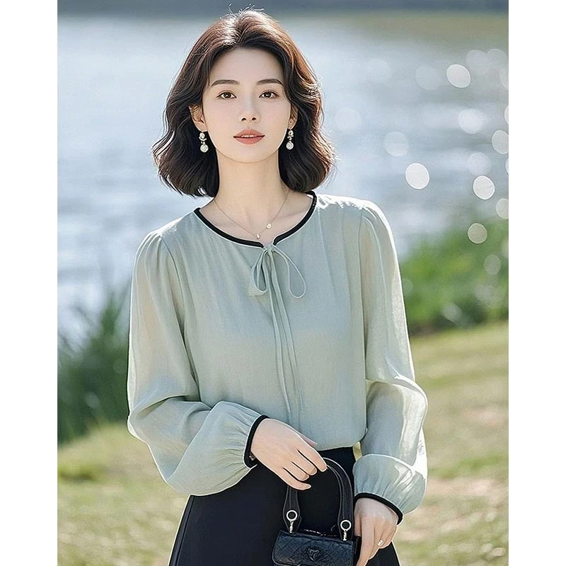 设计感纯色长袖衬衫女2025年春夏季新款洋气系带网红爆款法式上衣