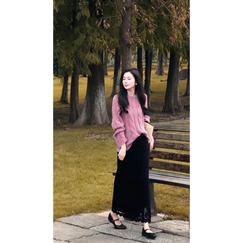 MARIE.COCO温柔风紫色套头麻花软糯毛衣女秋冬新款蕾丝开叉半身裙