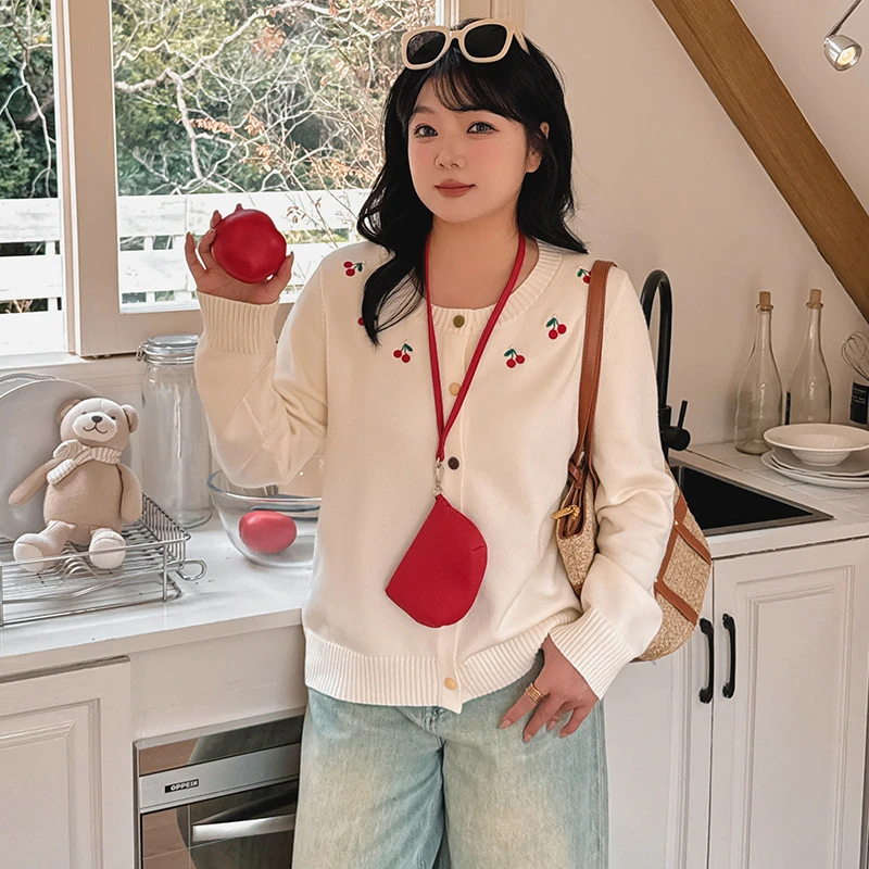 胖mm大码女装圆领刺绣毛衣女长袖外套2025秋款宽松针织开衫上衣