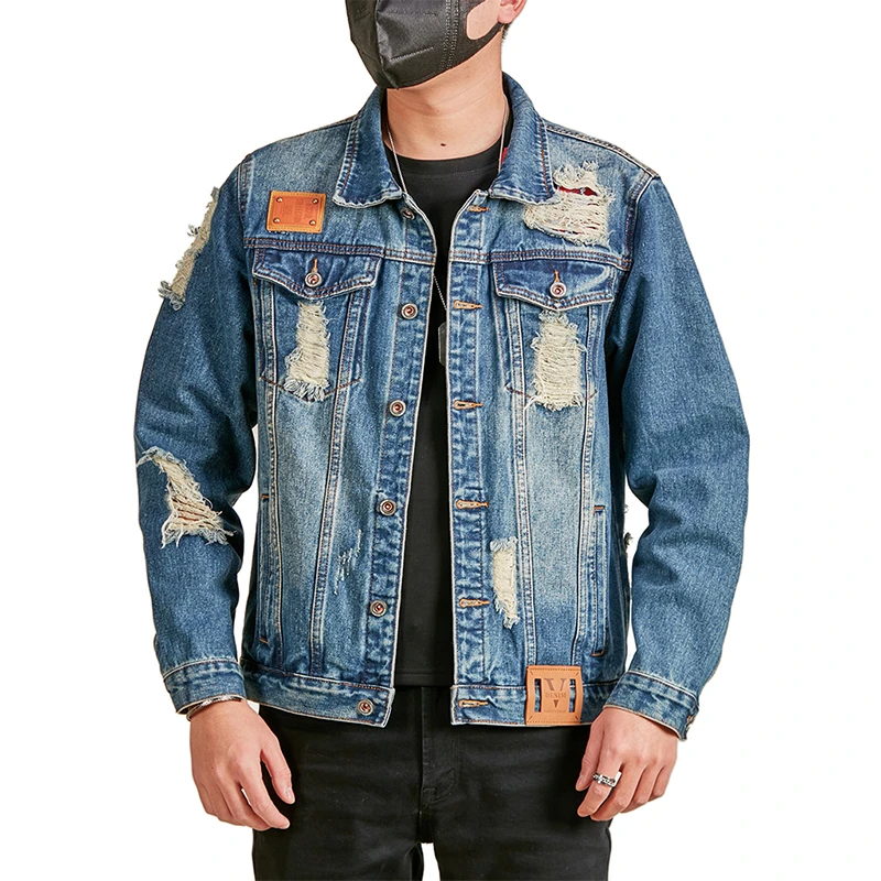 2025春秋季特色破洞牛仔外套男美式高街潮工装夹克男生休闲上衣服