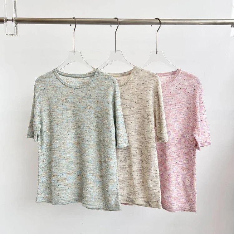 『朱小姐』康宝莱珠片段染花纱亚麻棉麻针织短袖 F997