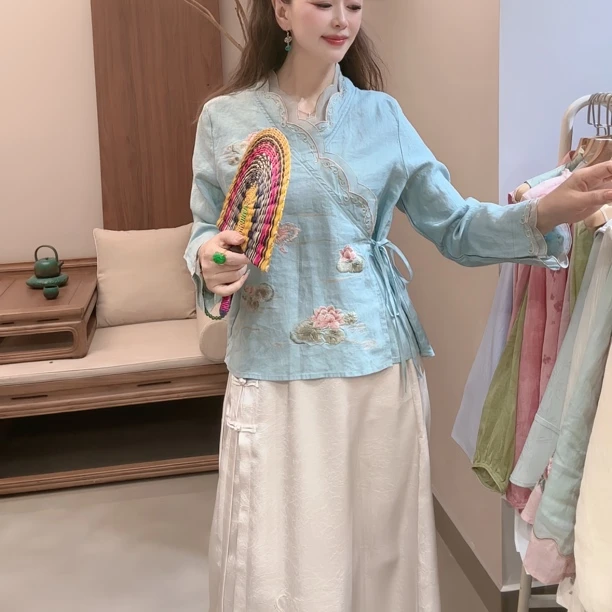 『蝶家』新中式斜襟刺绣亚麻衬衣7778