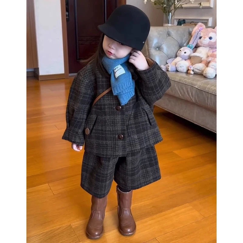 壹妈韩版童装女童秋冬套装洋气儿童女宝宝格子毛呢外套短裤两件套