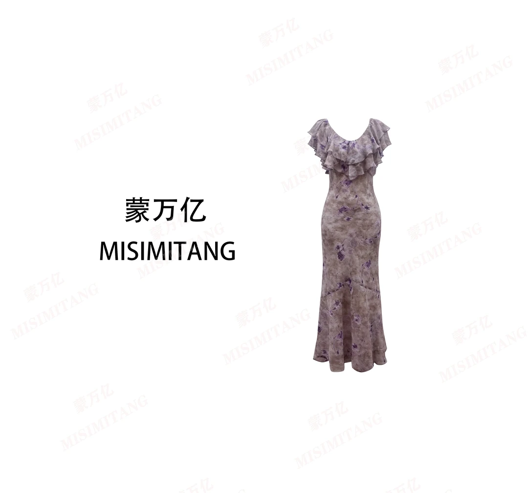 【紫衫】夏款斜裁显瘦短袖女装连衣裙欧若风收腰时尚轻奢可一字肩