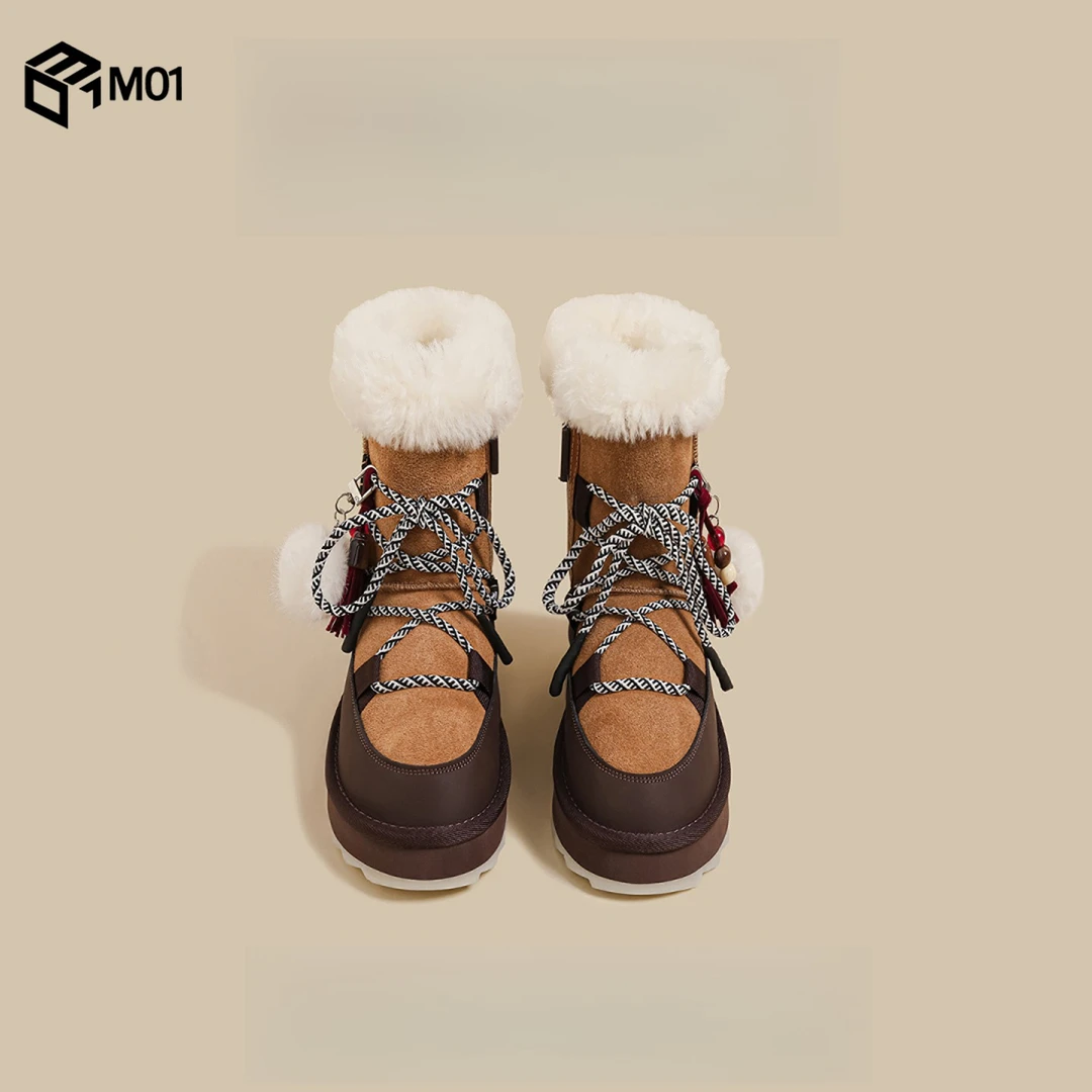 M01冬季新款厚底内增高网红雪地靴女棕色加绒时尚时尚马丁短靴子