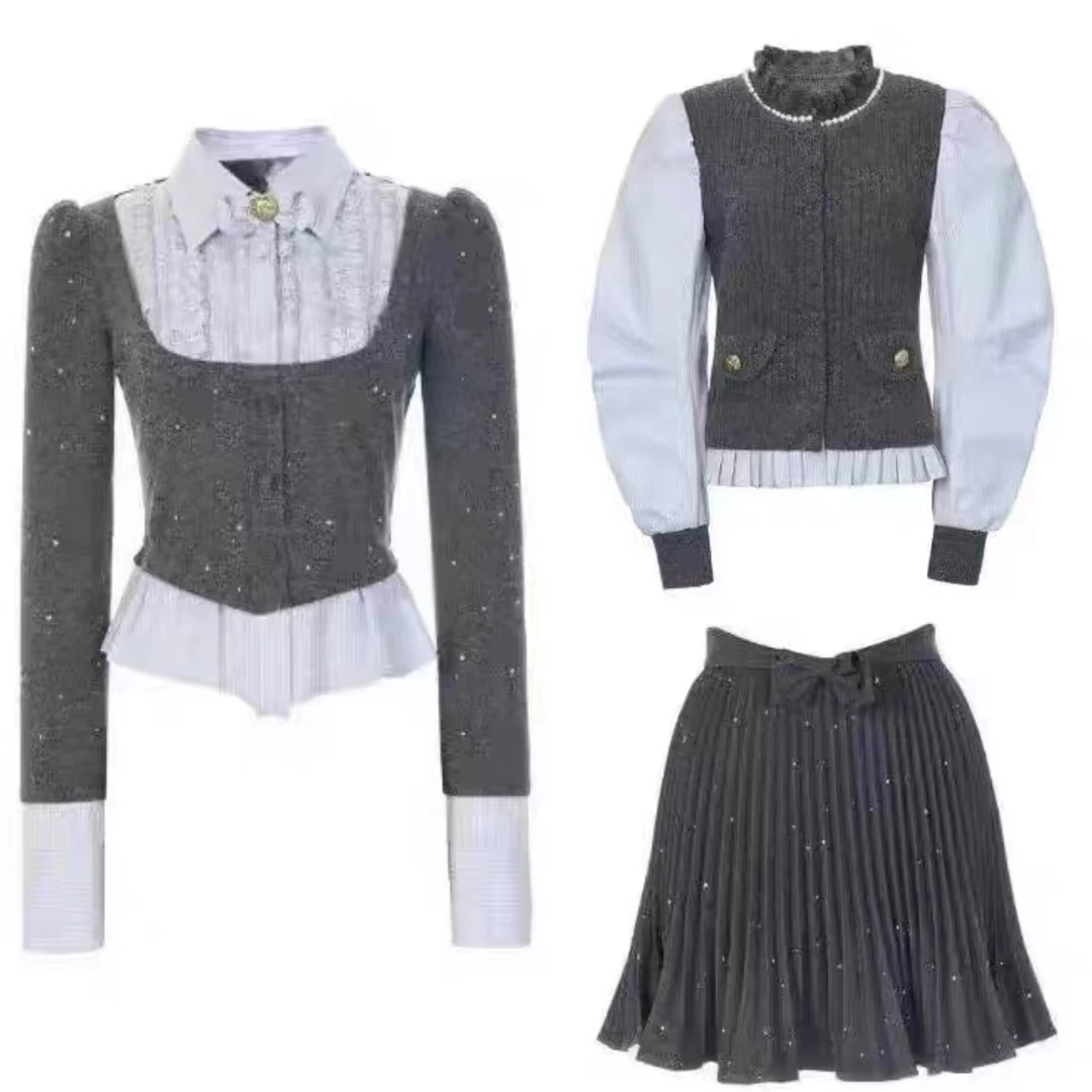 辰辰服饰木子店灰色针织蓝色条纹拼接针织衫半裙（特价品no推no焕）